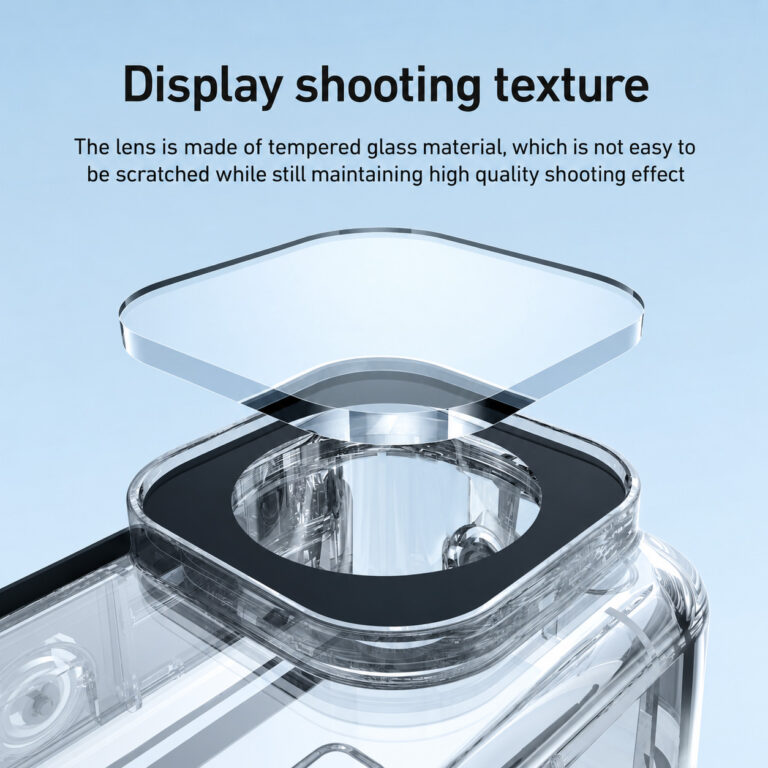 Close-up of the square tempered glass lens cover lifted above the clear DJI Osmo Action 6 waterproof housing, showing the scratch-resistant front port