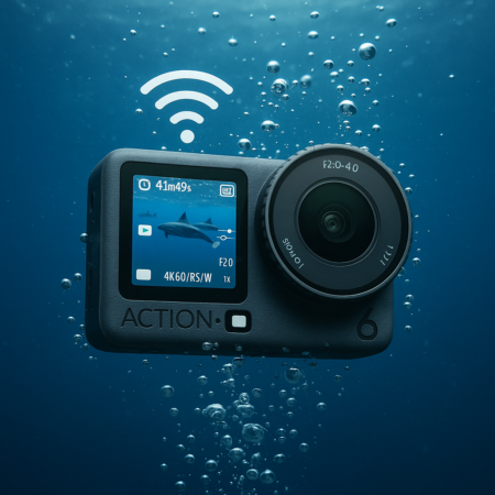 DJI Action 6 underwater with a WiFi signal icon showing live view on the front screen