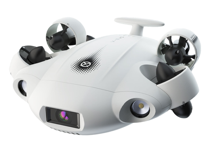 FIFISH V EVO underwater drone shown with tether for live underwater viewing