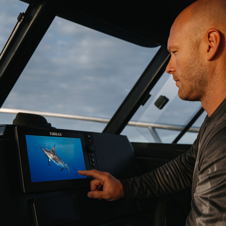 Fisherman viewing a live underwater marlin feed on a Simrad fish finder display