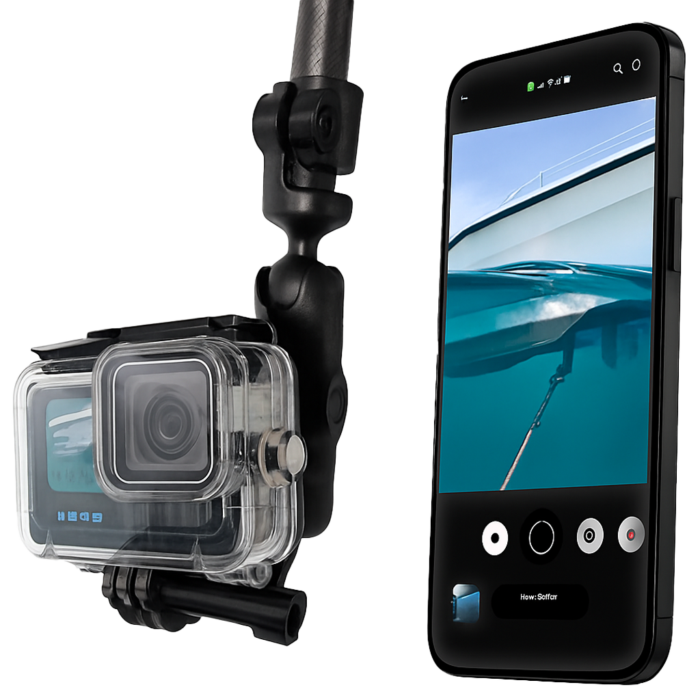 Underwater inspection camera on a pole with live boat hull view displayed on a phone