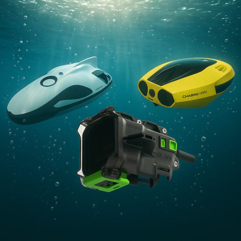 Underwater drone comparison image showing CHASING Dory and PowerRay with a Seavu Explorer housing underwater