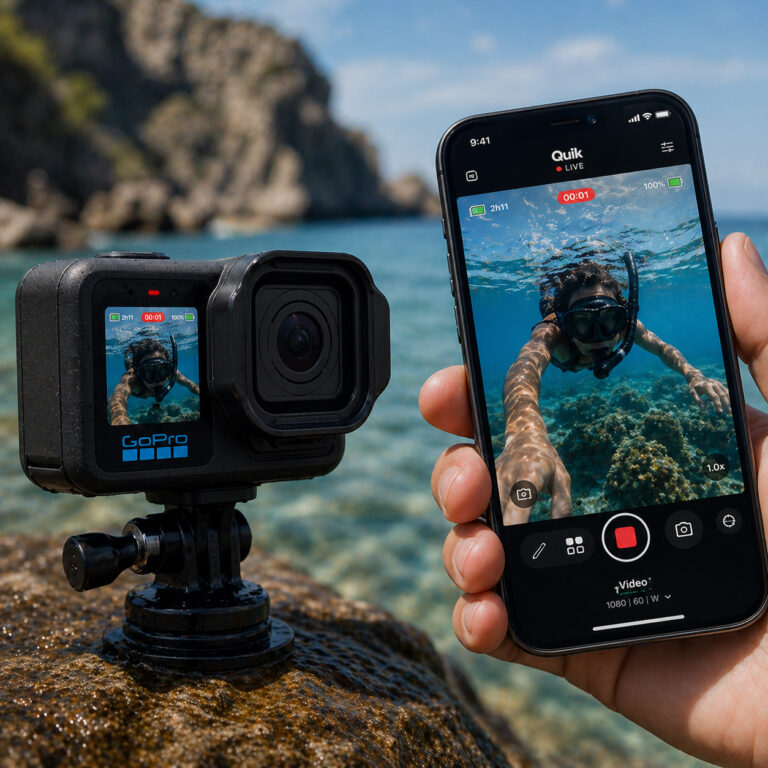 GoPro Mission 1 camera with live preview on Quik app displayed on iPhone