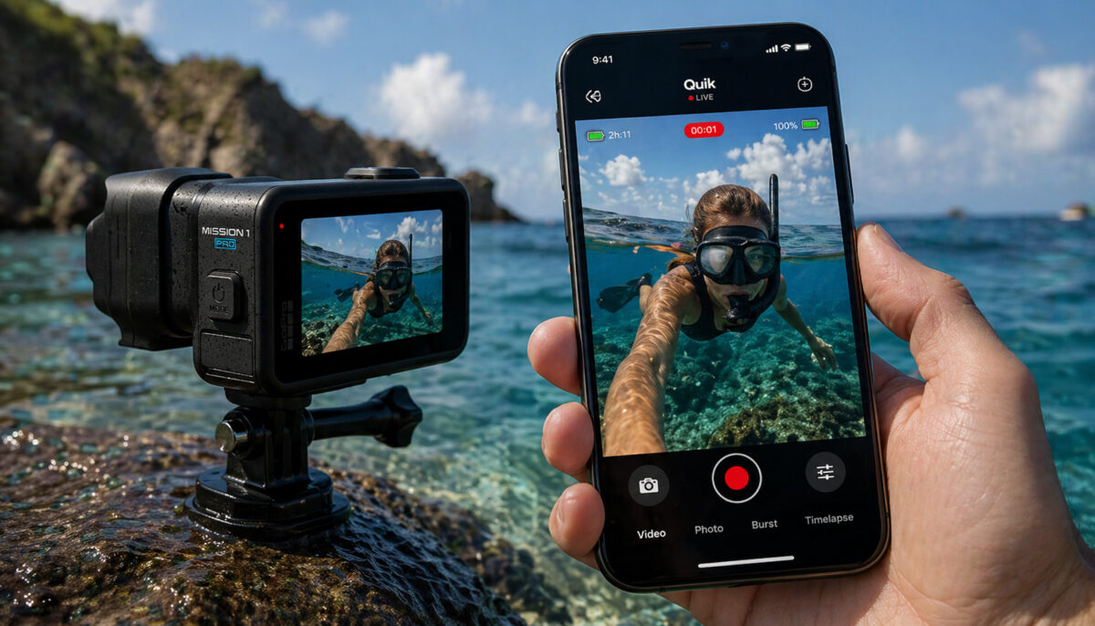 GoPro Mission 1 camera with live underwater preview on Quik app displayed on iPhone
