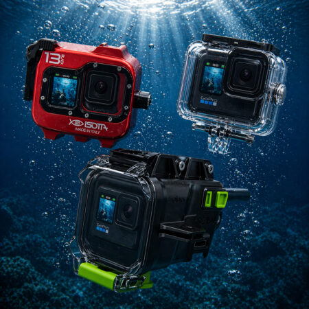GoPro waterproof cases and underwater housings including Seavu Explorer, Isotta and standard case shown underwater