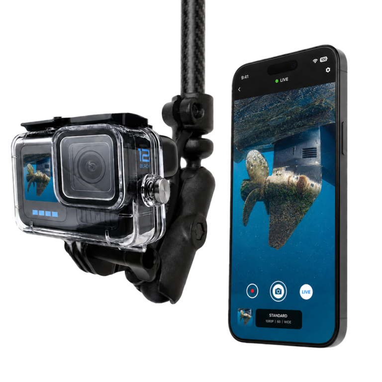 Seeker Pole Kit live underwater inspection system showing boat hull and propeller footage on a phone.
