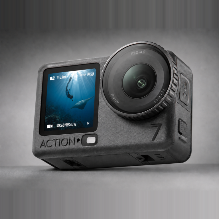 DJI Osmo Action 7 concept mockup with an underwater freediving scene on the front screen, not an official DJI image