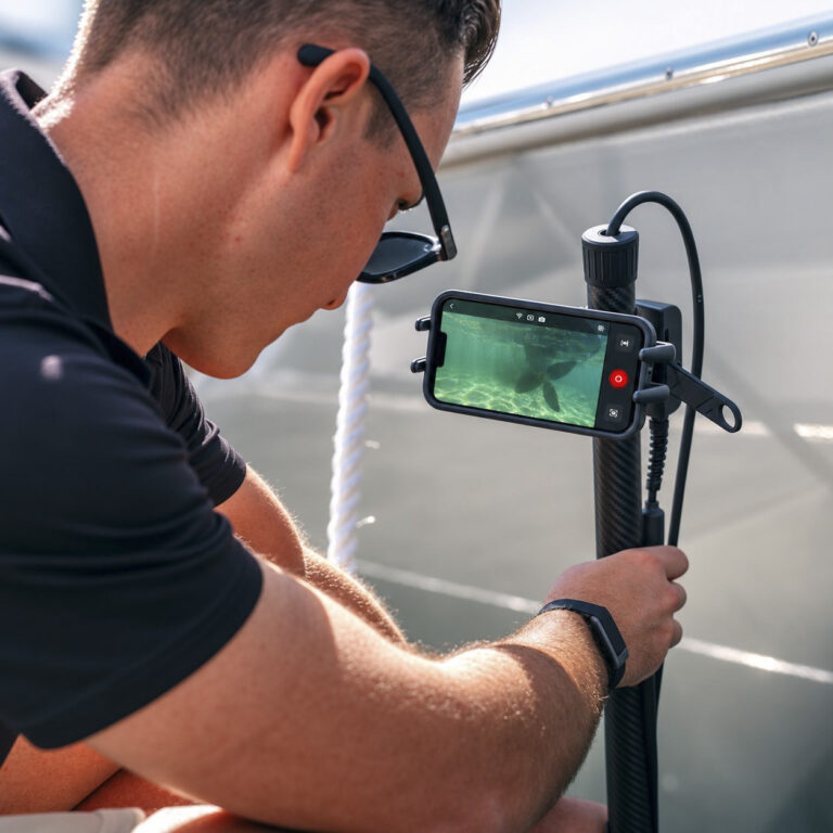 Live underwater view on a phone mounted to a Seavu carbon fibre pole during a marine inspection