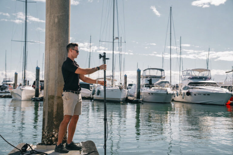 Seavu carbon fibre camera pole extended into a saltwater marina beside moored boats