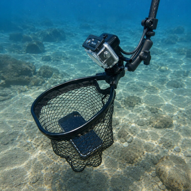 Seavu Seeker Pole retrieval net with mounted action camera recovering a lost mobile phone underwater.