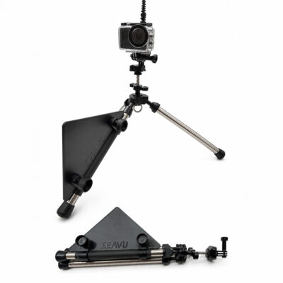 Seavu Seeker Seafloor Stand underwater camera tripod shown assembled with an action camera and folded flat, with directional fin and stainless steel legs