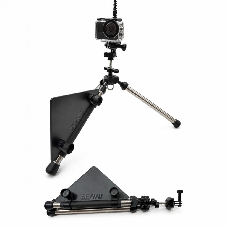 Seavu Seeker Seafloor Stand underwater camera tripod shown assembled with an action camera and folded flat, with directional fin and stainless steel legs
