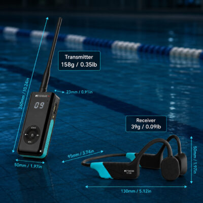 Size and weight of the Seavu Swim Coaching Audio System transmitter and headset receiver