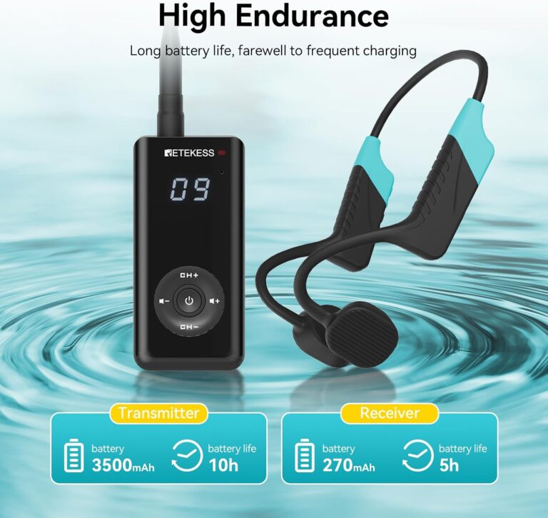 Seavu Swim Coaching Audio System transmitter and headset showing long battery life