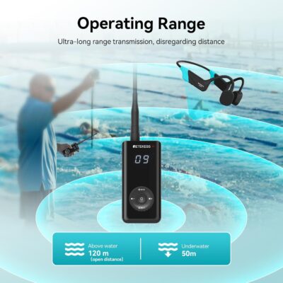 Seavu Swim Coaching Audio System showing up to 120m above water range and 50m underwater range