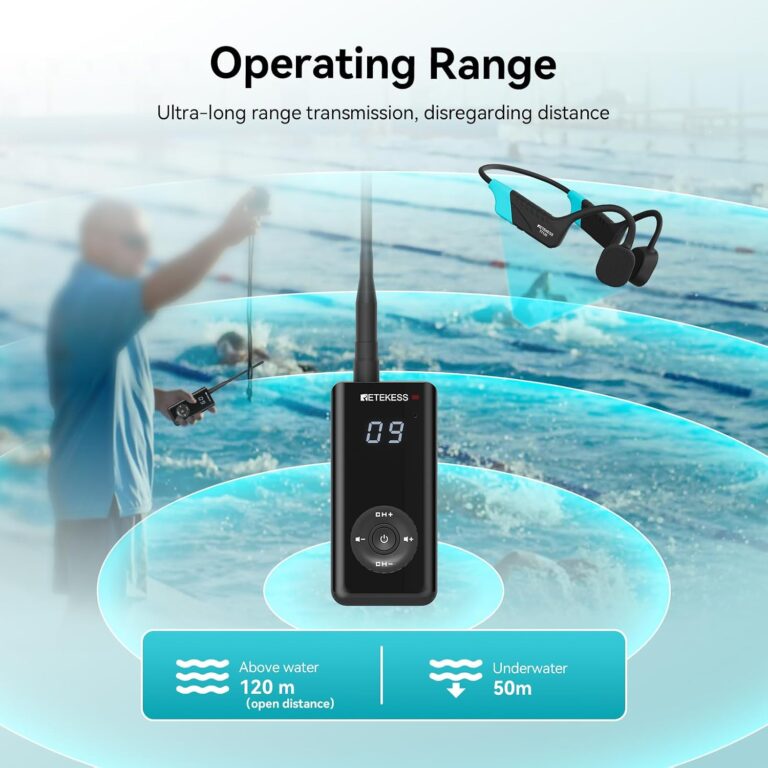 Seavu Swim Coaching Audio System showing up to 120m above water range and 50m underwater range