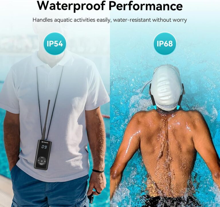 Waterproof Seavu Swim Coaching Audio System with IP54 transmitter and IP68 swimmer headset