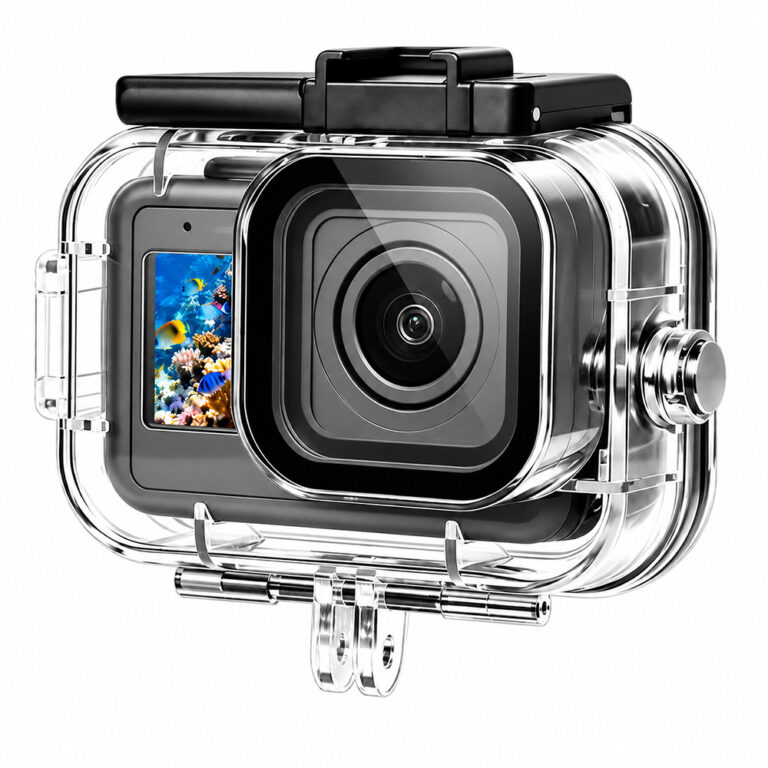 GoPro Mission 1 camera inside a clear PULUZ waterproof case with an integrated finger mount.