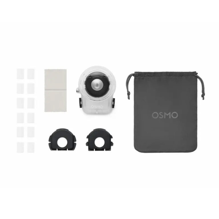 Front view of the DJI Osmo 360 Invisible Waterproof Case with anti-fog inserts, cleaning cloth, two black lens inserts and Osmo storage pouch