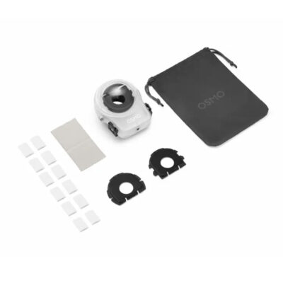 DJI Osmo 360 Invisible Waterproof Case contents laid out, including the case, anti-fog inserts, cleaning cloth, black lens inserts and Osmo storage pouch