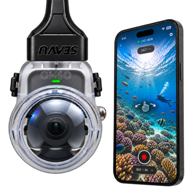 Seavu Orbit 360 Kit with DJI Osmo 360 in a waterproof case and a phone showing live 360 underwater reef footage