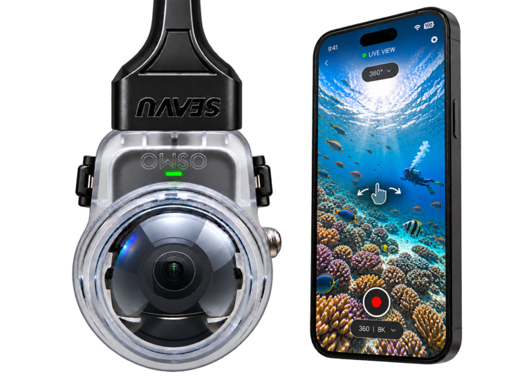 Seavu Orbit 360 with DJI Osmo 360 streaming a live 360 underwater reef view to a phone, with drag to look around controls